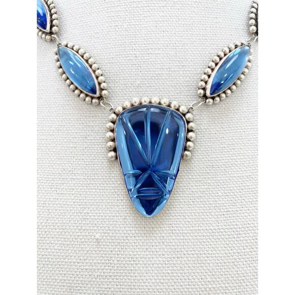 Hecho En Mexico Vintage Sterling Silver Blue Glass Statement Necklace - Picture 10 of 13